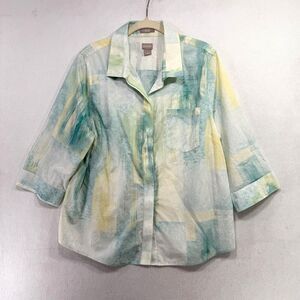 Chicos Shirt Women 3/US XL Cream Green Blue Button Up No Iron Watercolor Artsy